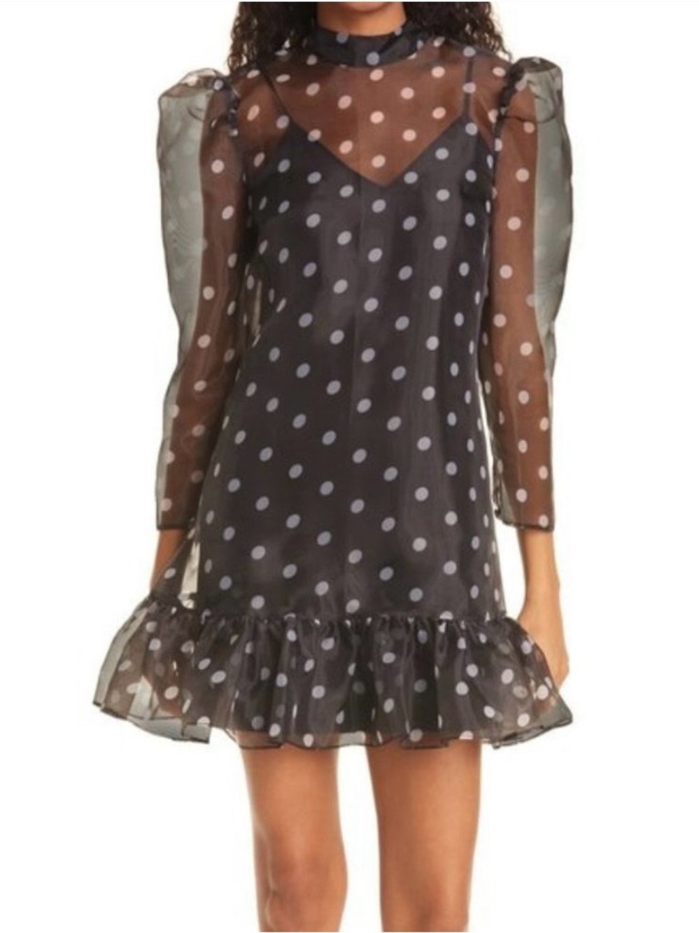 LIKELY Women Rorra Polka Dot Mini Puff-Sleeve Shift Dress Sz 6 Black White Sheer